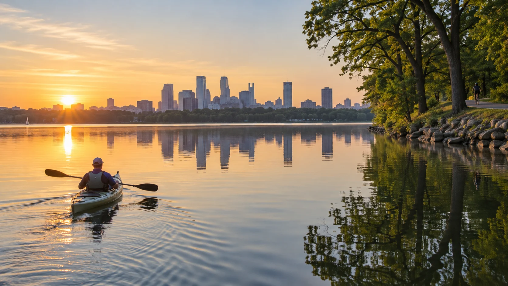 Kayaker and lakeside bike path with the Minneapolis skyline at sunrise