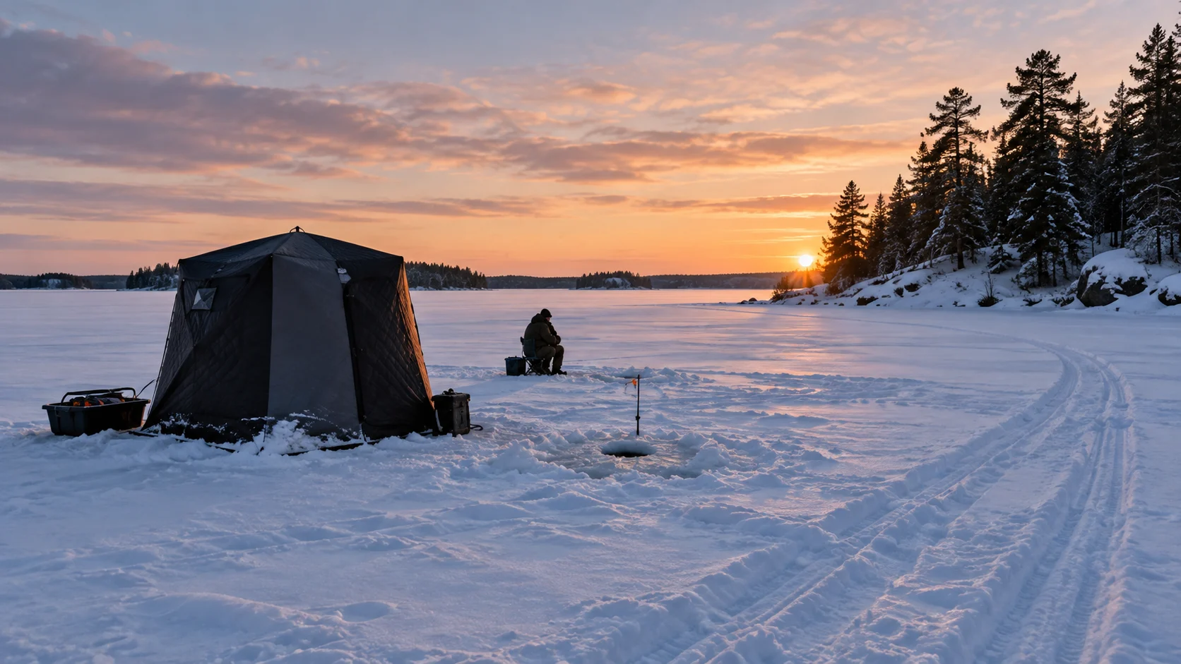 Portable ice shelter and angler on a frozen Minnesota lake at sunrise