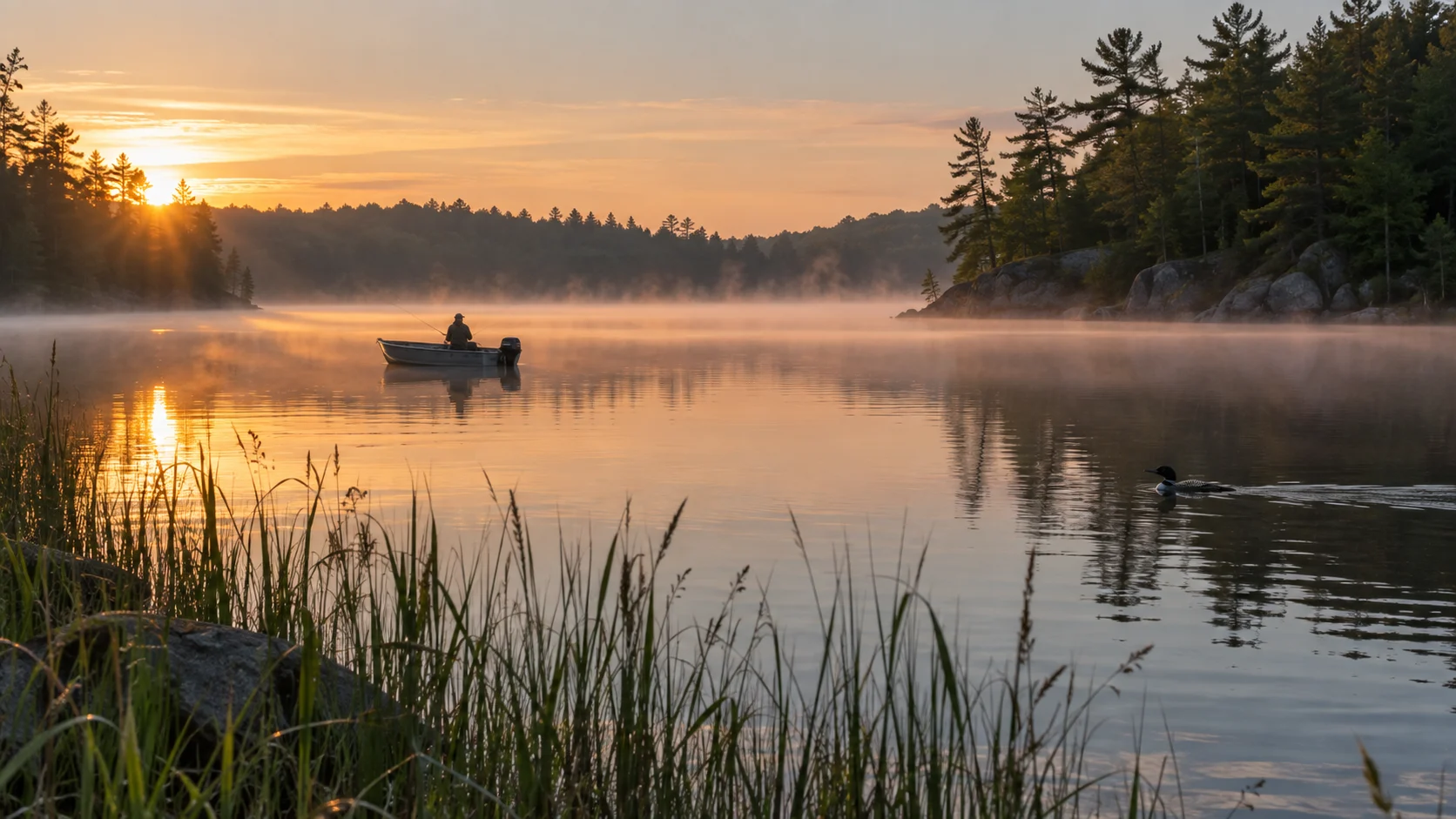 Angler fishing a misty northern Minnesota lake as a loon swims past
