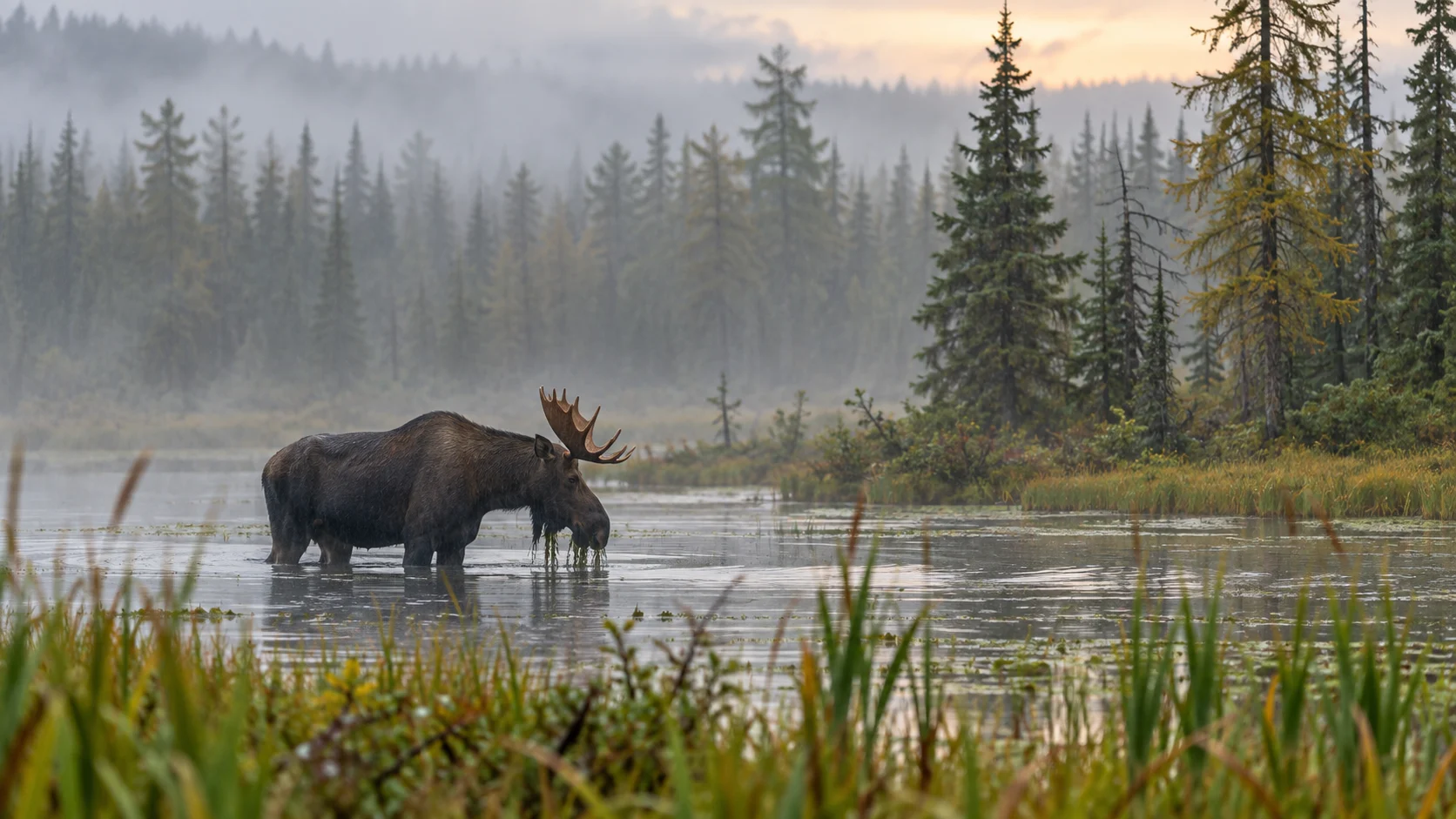 Bull moose feeding in a misty northern Minnesota bog pond