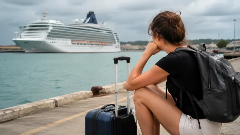 Woman sitting beside a suitcase on a pier looking toward a cruise ship