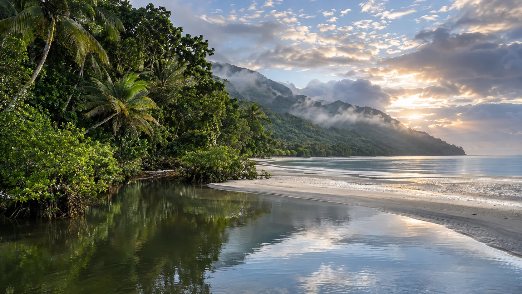 Daintree rainforest meeting a quiet Coral Sea beach near Cape Tribulation at dawn