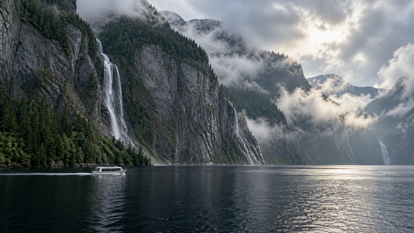 Sightseeing boat cruising below towering waterfall-lined cliffs in Misty Fjords