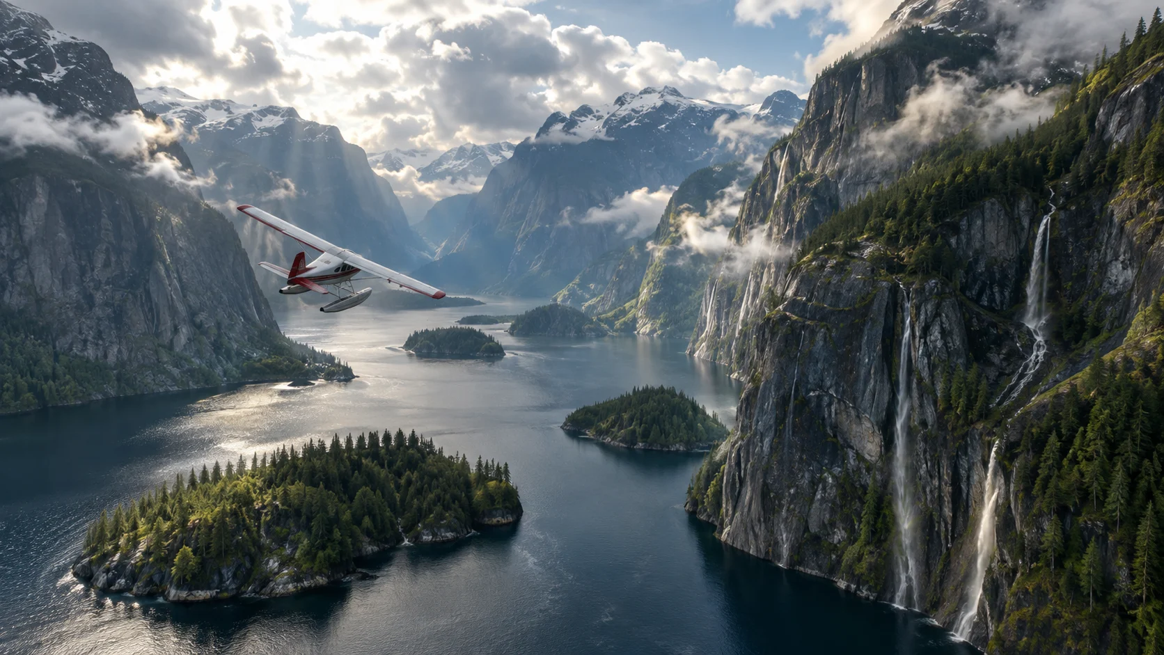 Floatplane flying between granite cliffs and waterfalls in Misty Fjords near Ketchikan