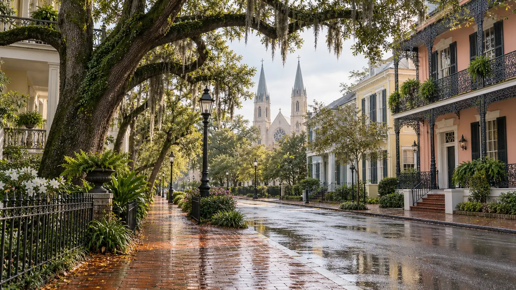 Oak-lined historic street and cathedral towers after rain in Mobile, Alabama