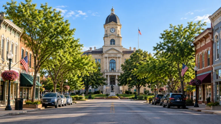 Green County Courthouse framed by trees and historic storefronts in downtown Monroe.