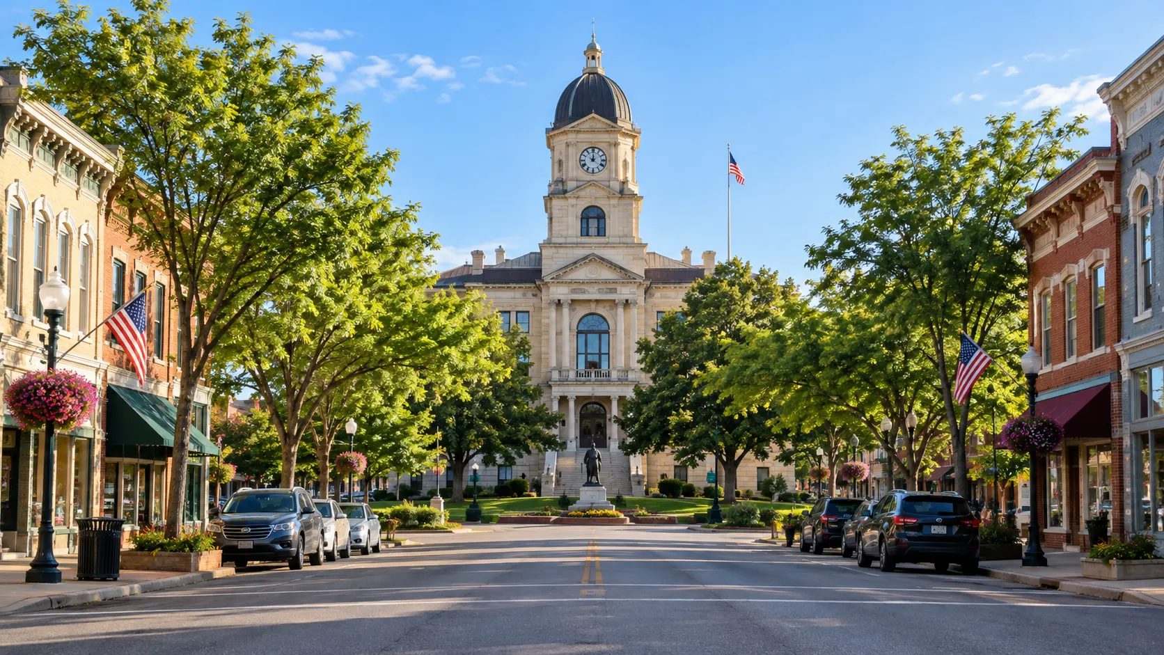 Green County Courthouse framed by trees and historic storefronts in downtown Monroe.