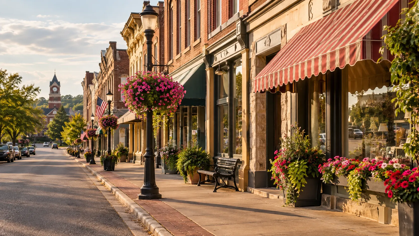 Flower baskets and awnings line a warm, sunlit historic street in Monroe.
