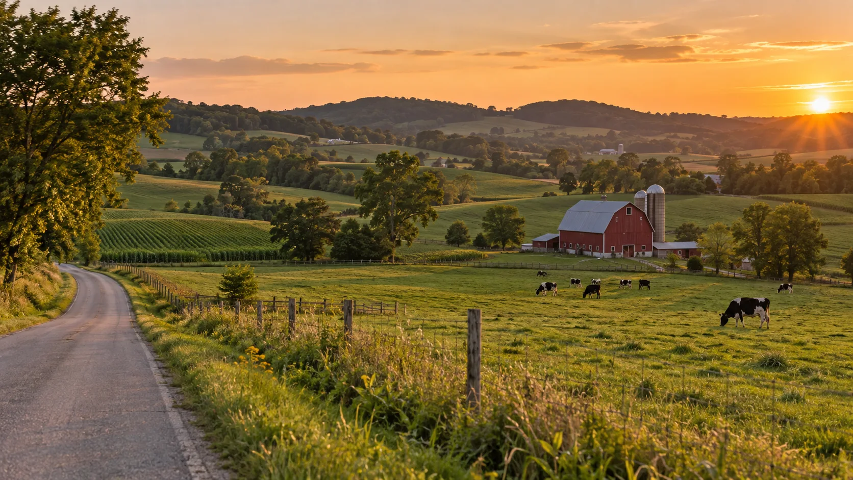 A red dairy barn and grazing cows among rolling Green County farmland at sunset.
