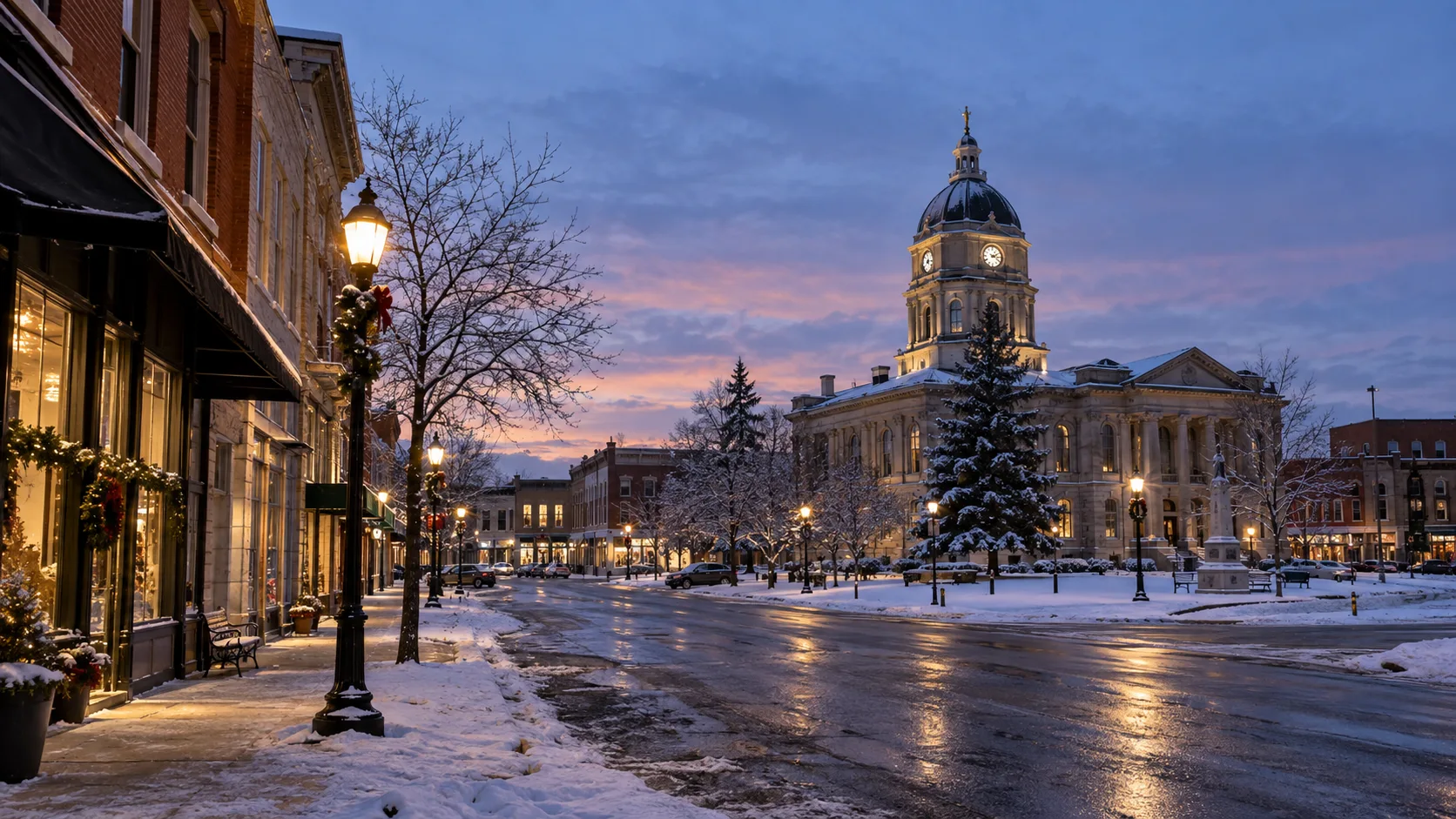 Snow-covered downtown Monroe and its illuminated courthouse at winter dusk.