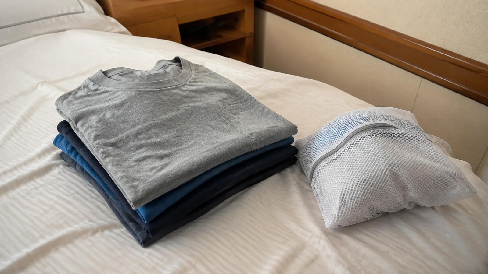 Folded shirts and a mesh laundry bag rest on a bed.