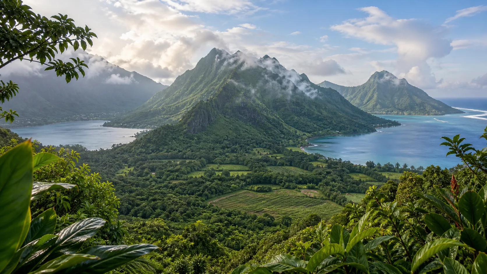 Moorea's Cook's Bay and Opunohu Bay divided by green Mount Rotui.
