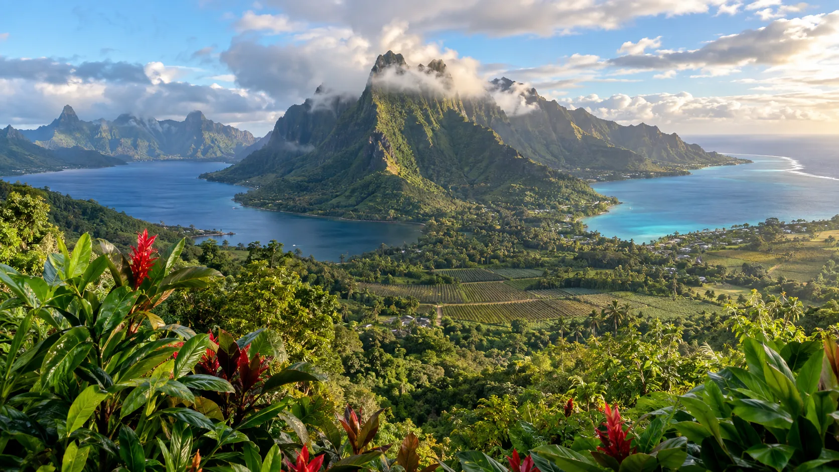 Mount Rotui dividing Moorea's Cook's Bay and Opunohu Bay above pineapple fields and a turquoise lagoon