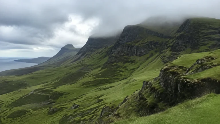 Steep green mountain slopes overlooking the sea beneath low clouds.