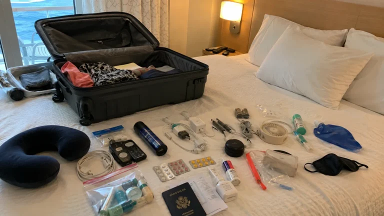 Open suitcase and assorted travel essentials spread across a cruise cabin bed
