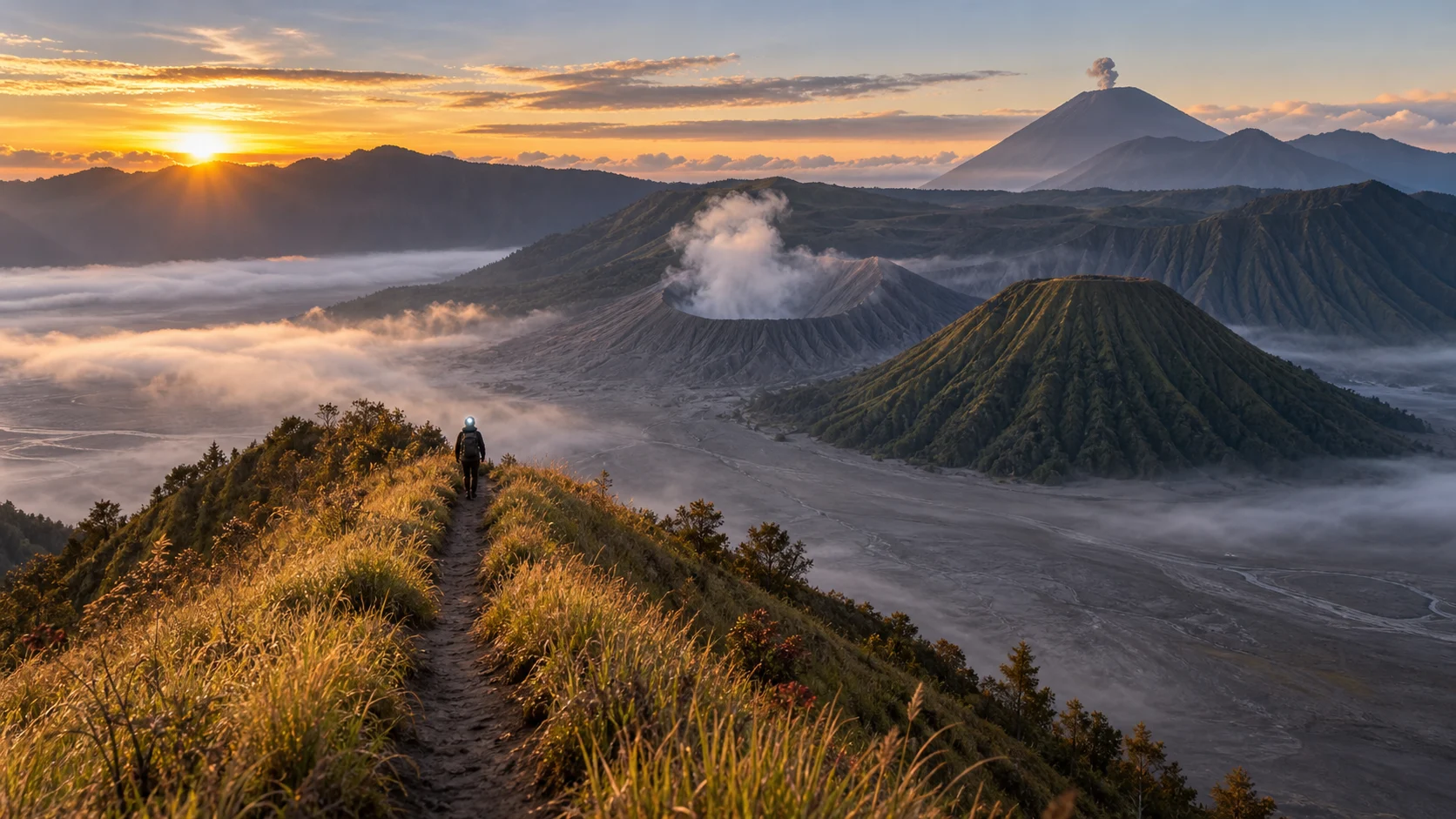 A hiker following a sunrise trail above Mount Bromo and the Tengger caldera.