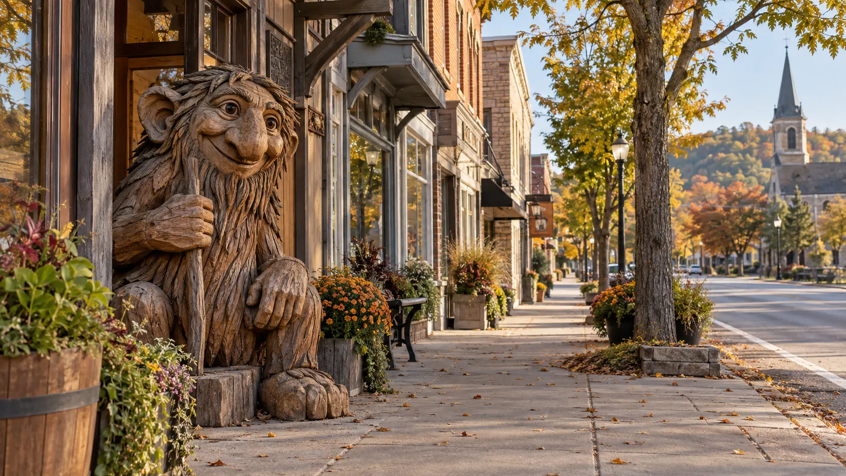 A carved wooden troll stands beside Scandinavian-style buildings in downtown Mount Horeb.