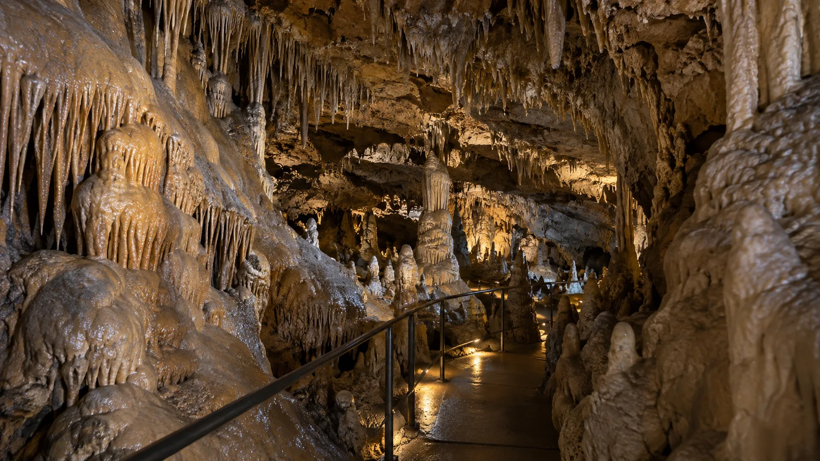 Stalactites and flowstone surround a walkway inside Cave of the Mounds.