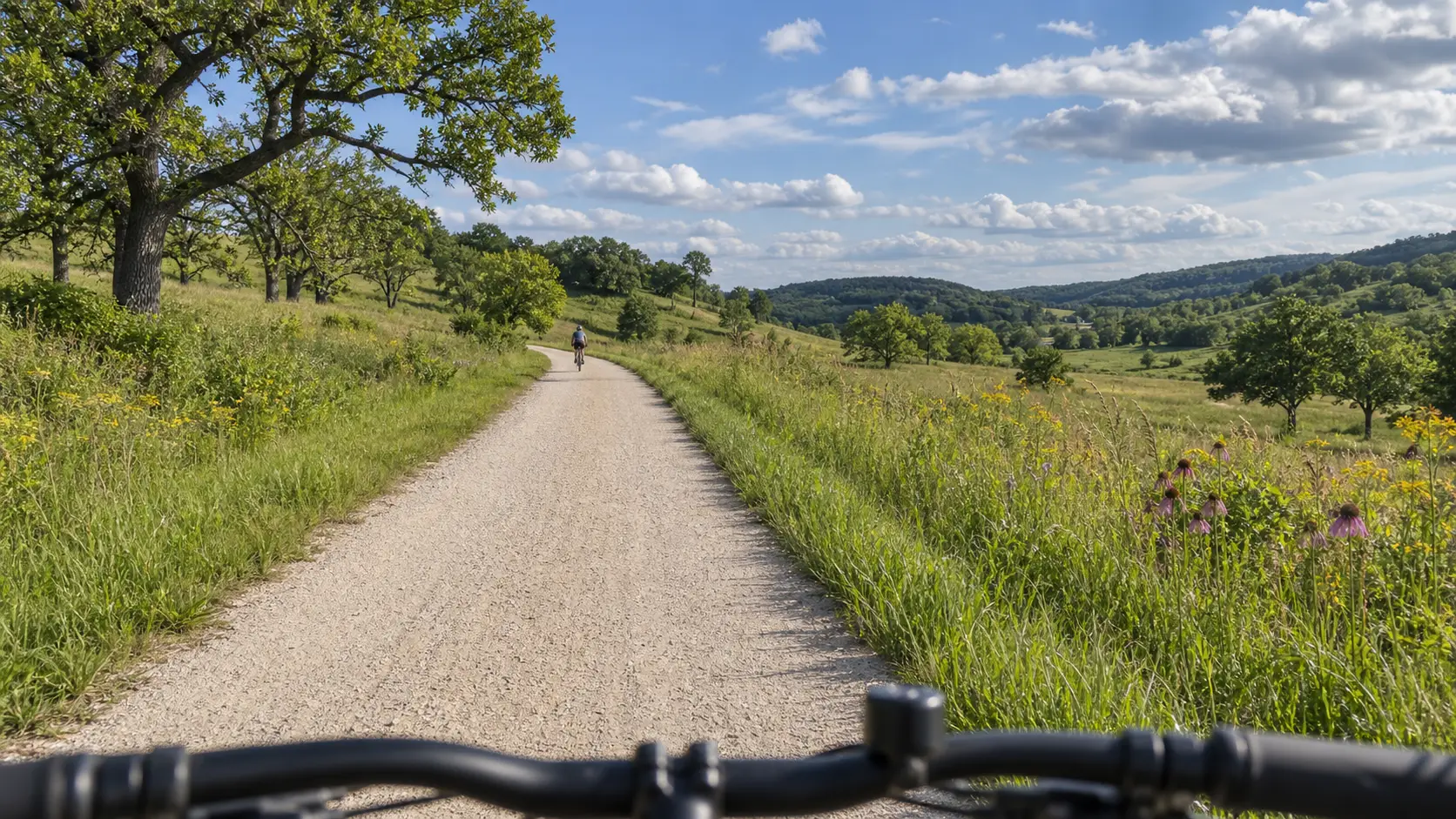 The Military Ridge State Trail crosses oak savanna and rolling prairie near Mount Horeb.