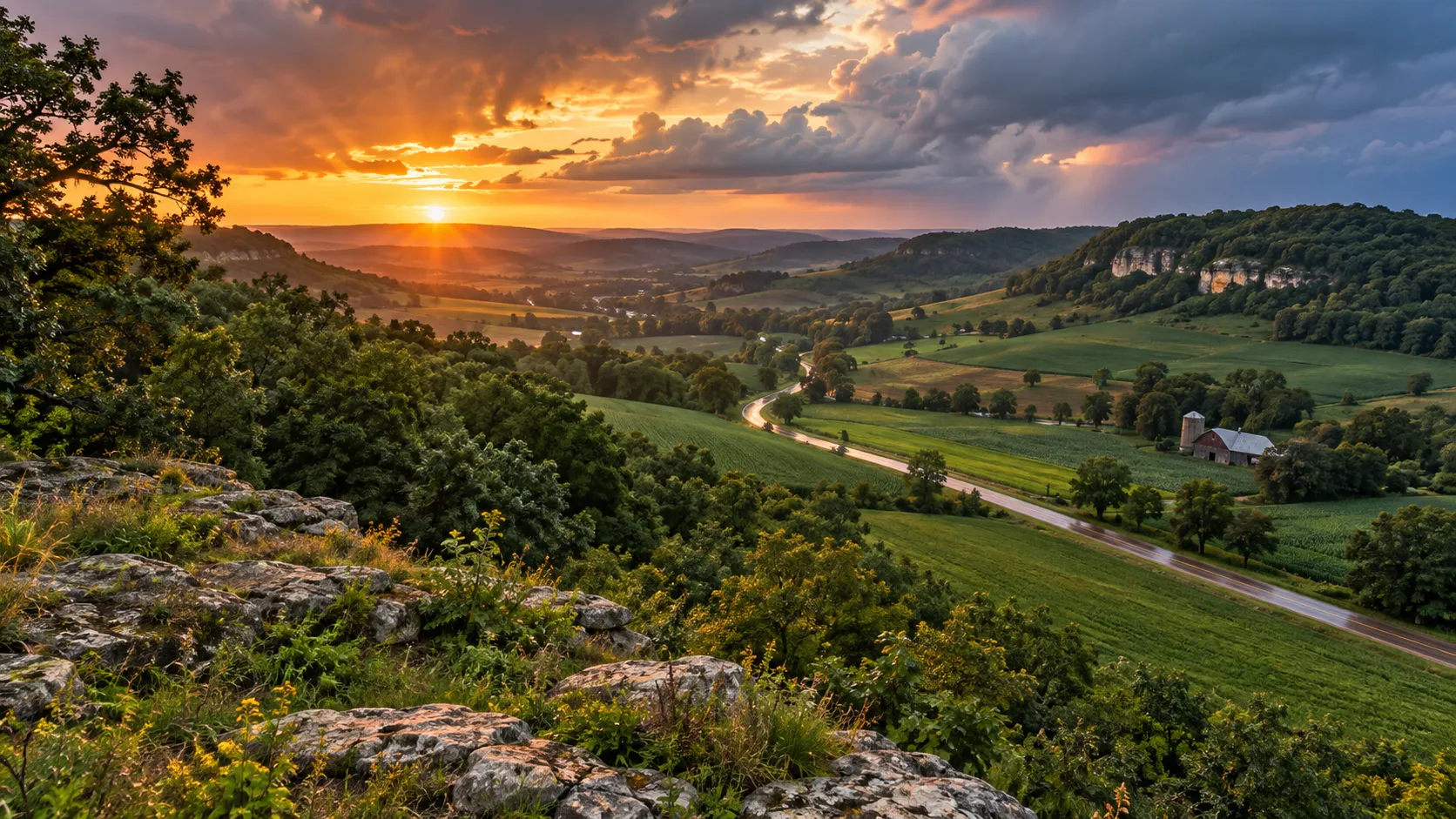 Rolling Driftless farm fields and oak ridges glow after a summer storm near Mount Horeb.