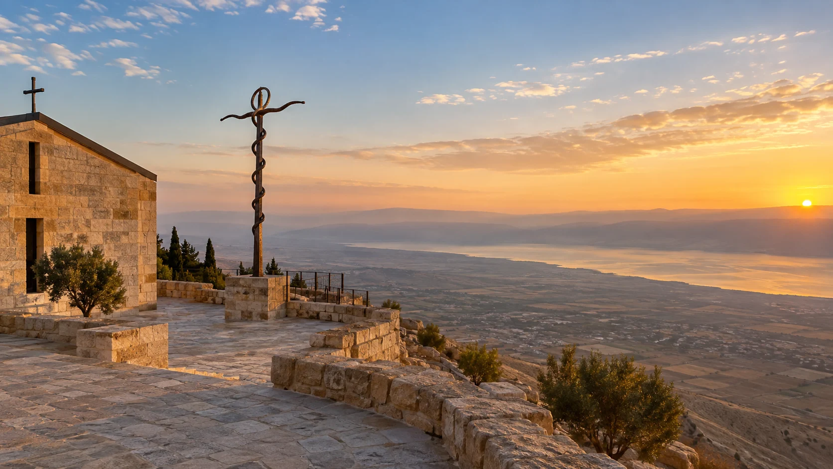 The Memorial Church and bronze serpent cross overlooking the Jordan Valley from Mount Nebo.