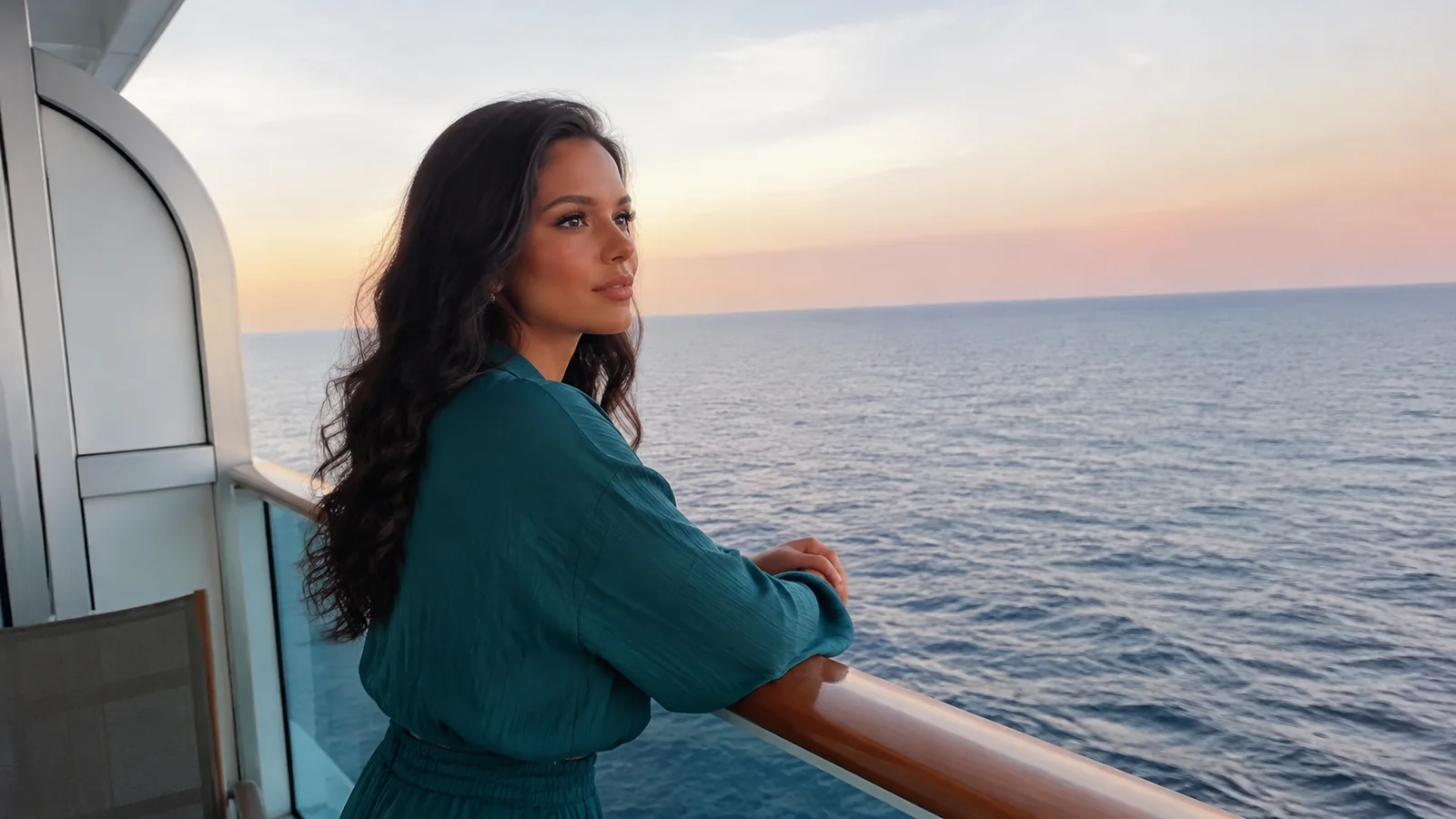 Woman leans on a ship railing overlooking the sea at sunset.