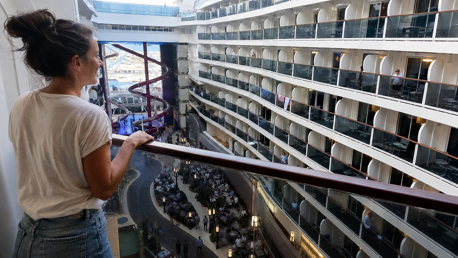 Woman overlooks a ship promenade from an inward-facing balcony.