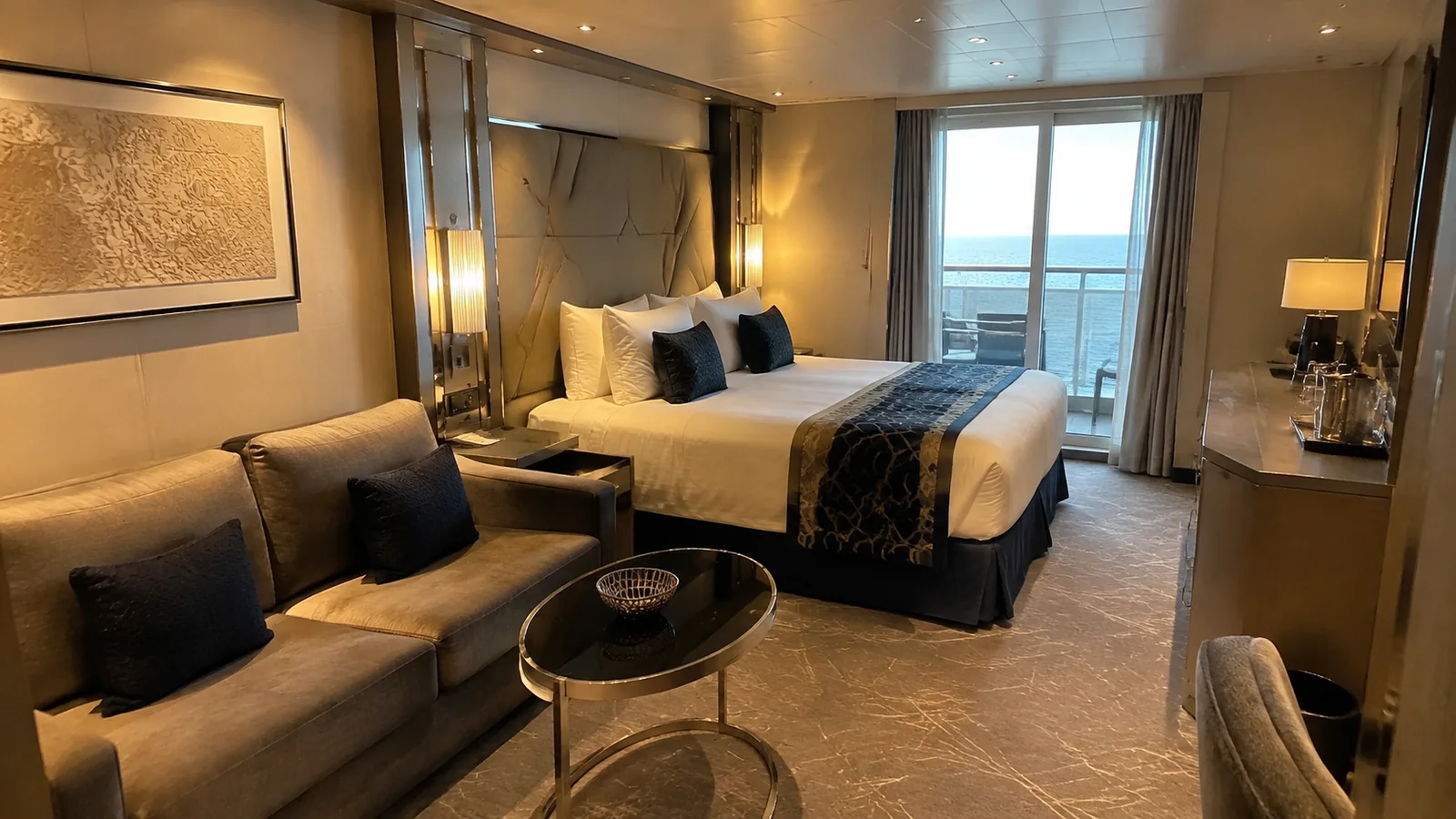 Cruise suite contains a double bed, sofa and ocean balcony.