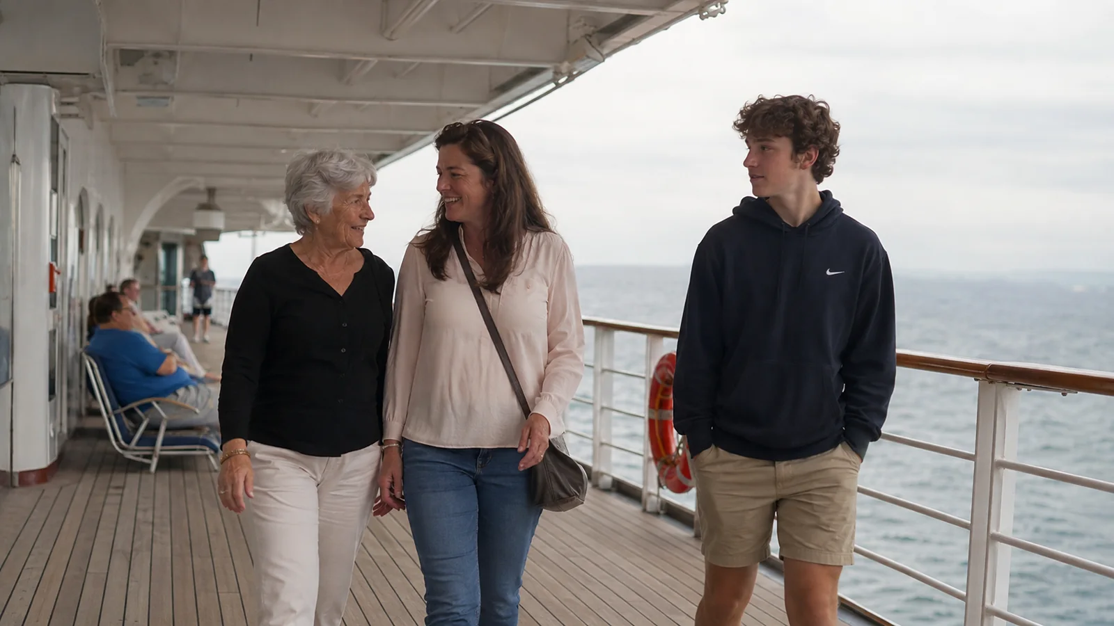 Three family members walking together along a covered ship deck.