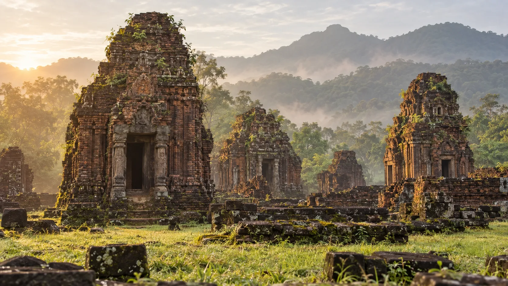 Ancient red-brick Cham temple towers rising from the jungle at My Son Sanctuary in Vietnam.
