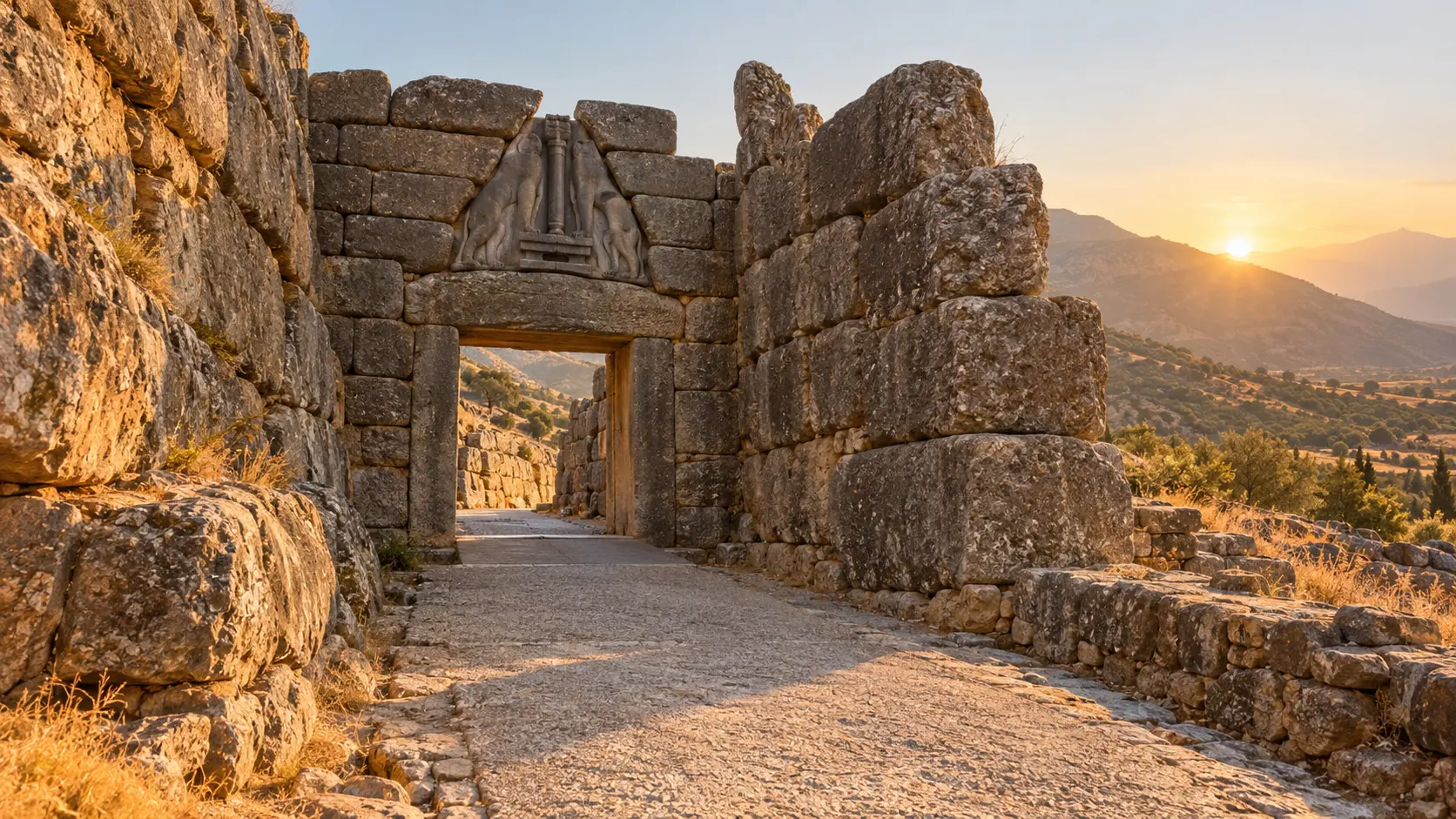 The ancient Lion Gate and massive Cyclopean walls at Mycenae in the Peloponnese