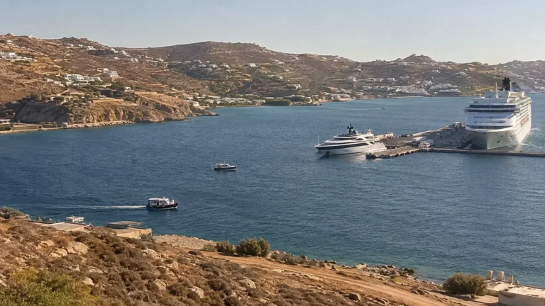 Cruise ships and smaller boats in a bay surrounded by dry hills