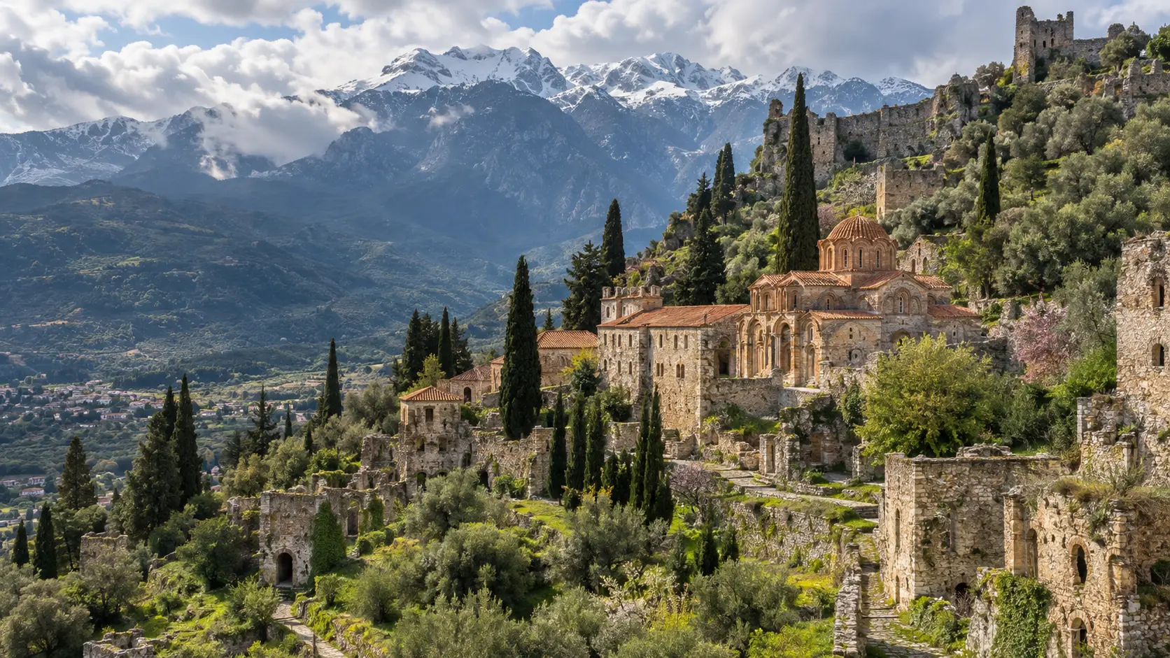 Byzantine churches and the Pantanassa Monastery on the hillside at Mystras below Mount Taygetos