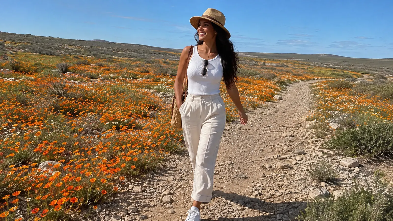 Woman walking a dirt path through fields of orange flowers.