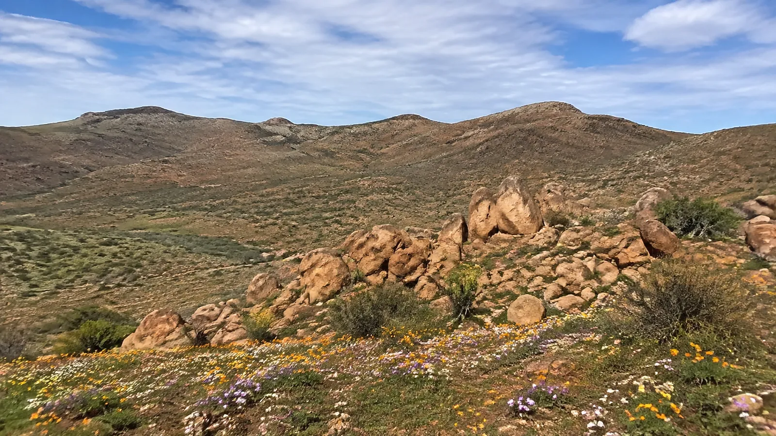 Rounded rocky hills and scattered boulders beneath a blue sky.