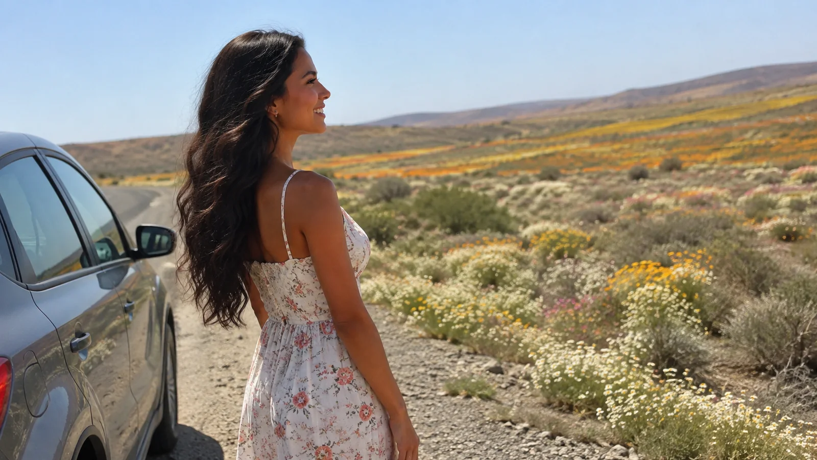 Woman standing beside a car near fields of colorful wildflowers.