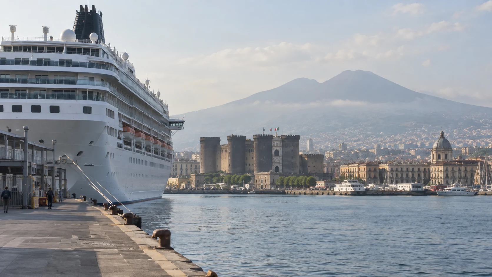 Cruise ship in Naples port with Castel Nuovo and Mount Vesuvius