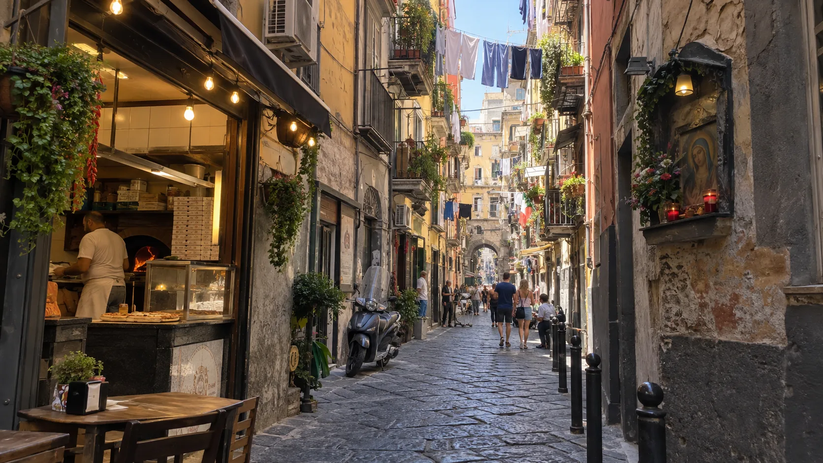 Narrow street and pizza shop in Naples historic center