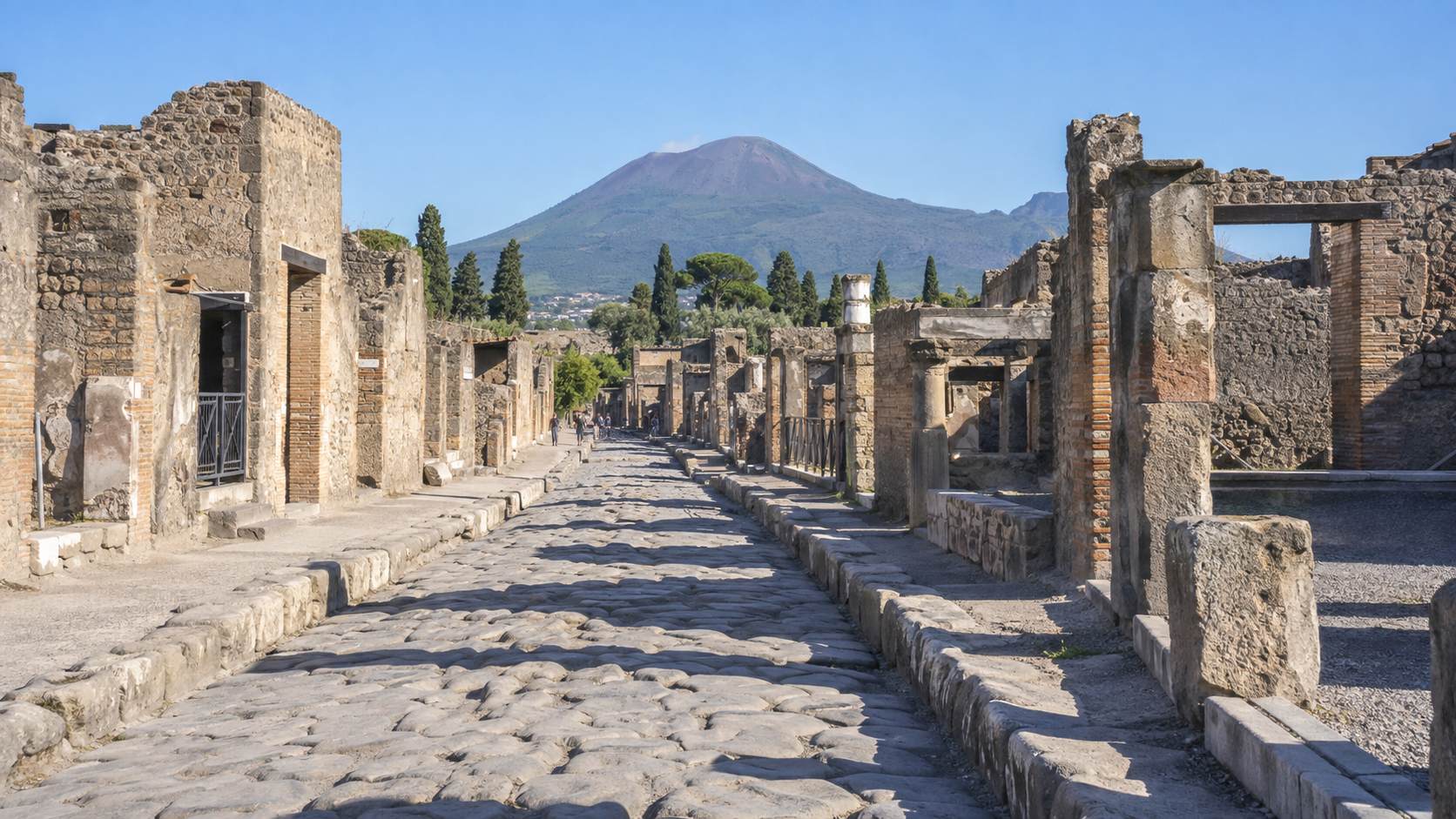 Ancient street in Pompeii with Mount Vesuvius beyond