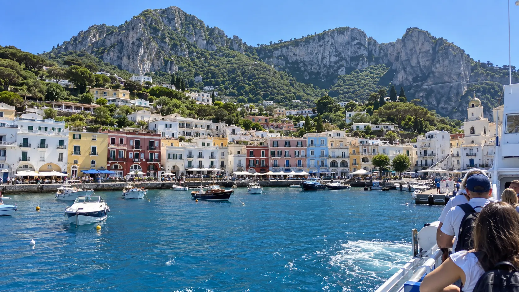 Ferry arriving at Capri's colorful Marina Grande