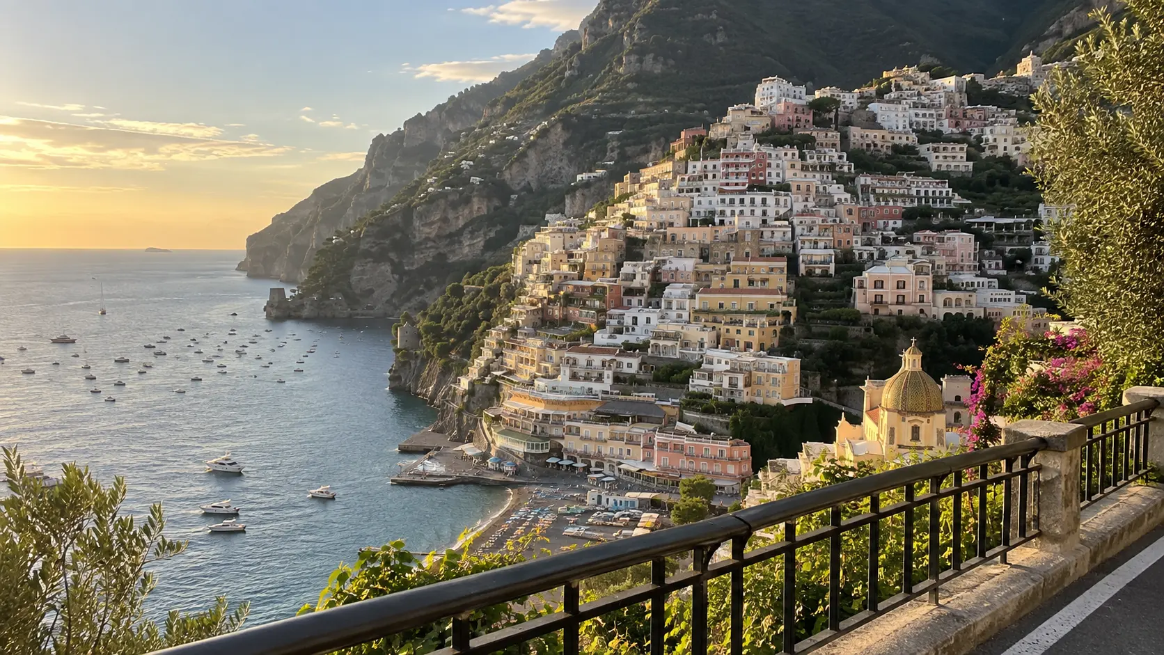 Positano cascading down the Amalfi Coast at golden hour