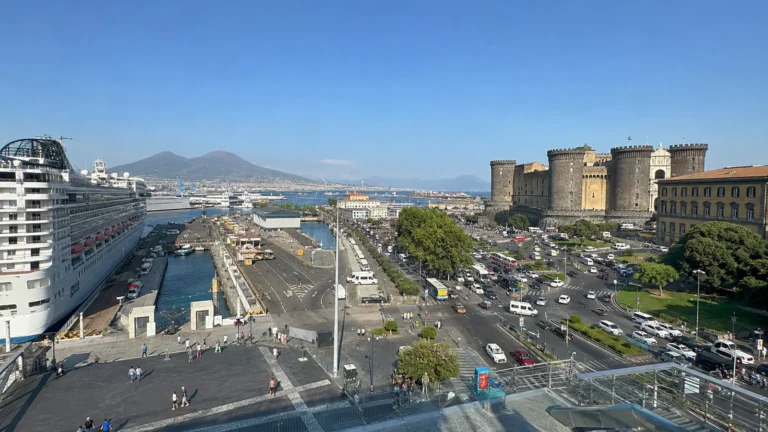Harbor with a large cruise ship docked beside a stone castle and city streets