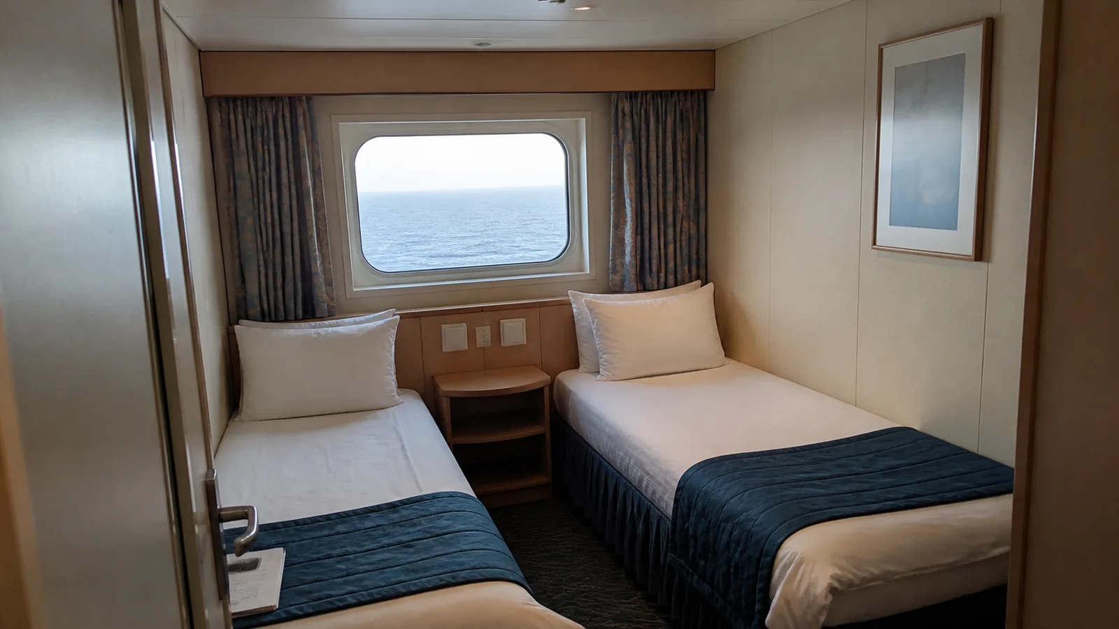 Twin-bed ship cabin with dark blue runners and an ocean window.