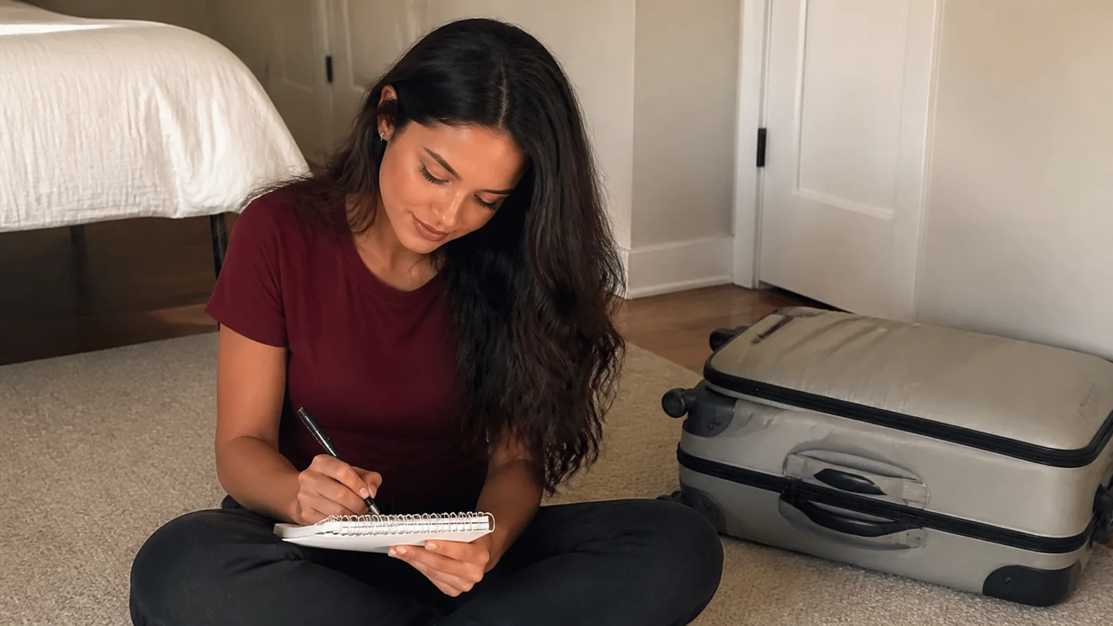 Woman writing in a small notebook beside an open suitcase on a bed.