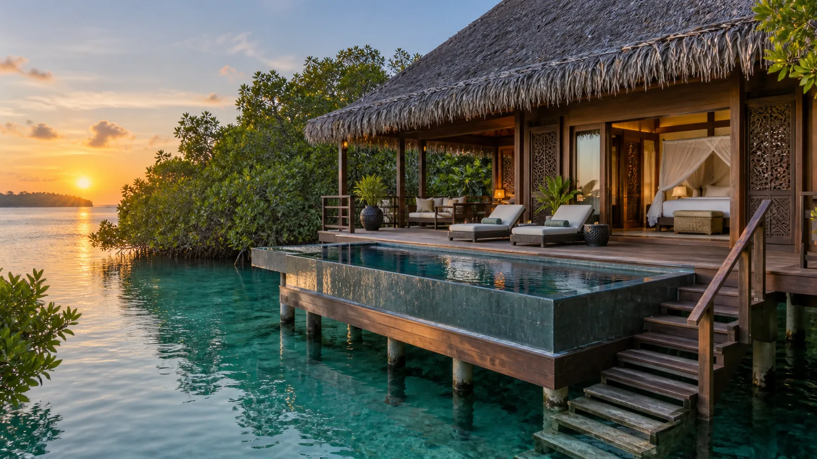 Balinese-style overwater pool villa surrounded by mangroves at Nayara Bocas del Toro in Panama.