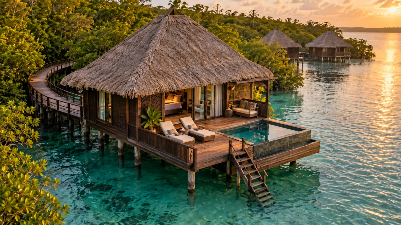 Balinese-inspired overwater pool villa at Nayara Bocas del Toro beside a mangrove-lined Caribbean lagoon.