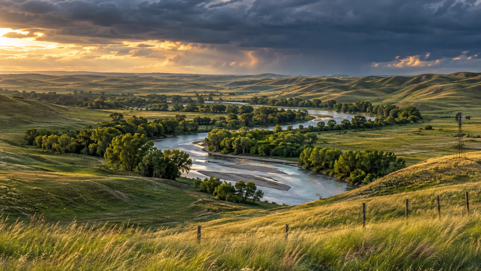Braided Niobrara River winding through the grass-covered Nebraska Sandhills beneath a summer storm