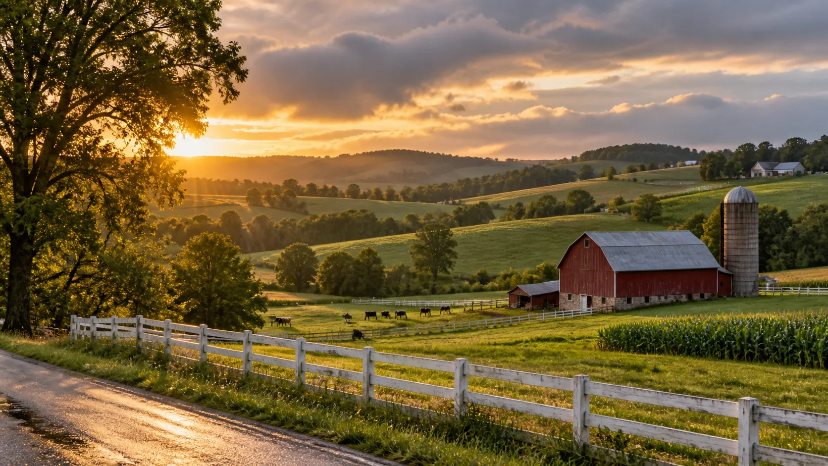 A red dairy barn, grazing cows, and green fields spread across rolling countryside near New Glarus.