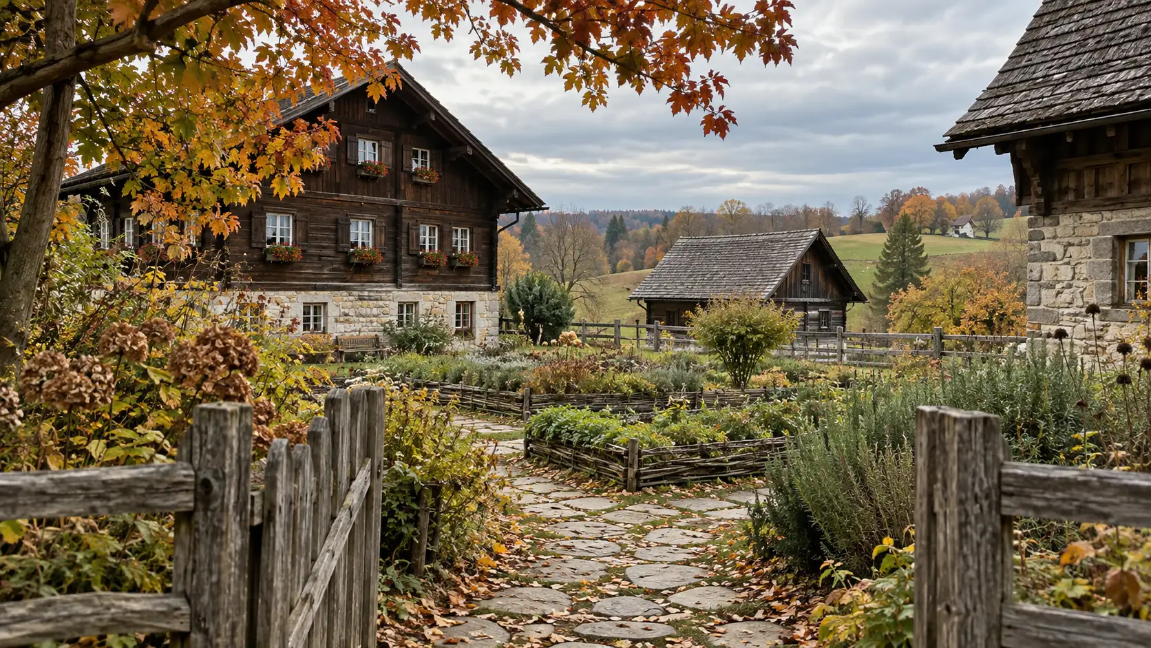 Historic Swiss-style timber buildings stand beside autumn gardens in New Glarus.