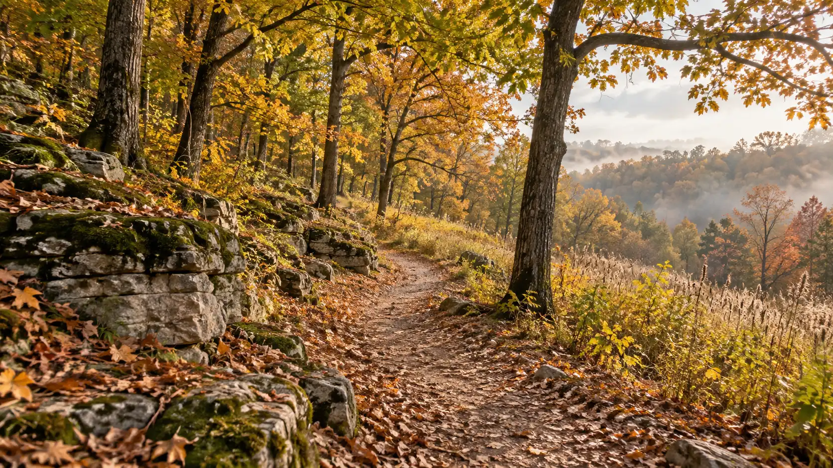 A leaf-covered trail winds through peak fall color in New Glarus Woods State Park.